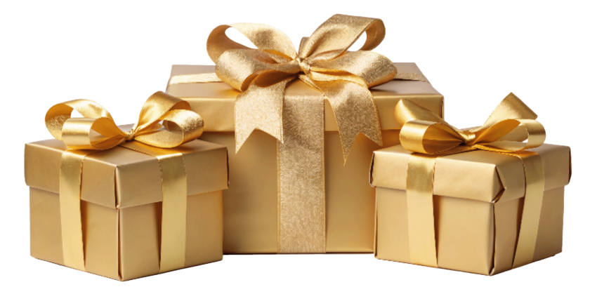 Three golden gift box png image
