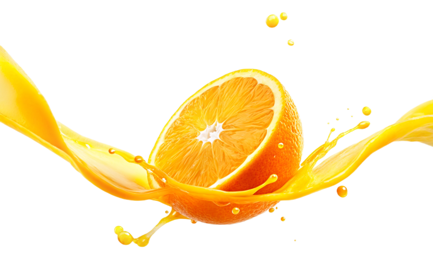 Orange Slice with Splashing Juice on Transparent Background