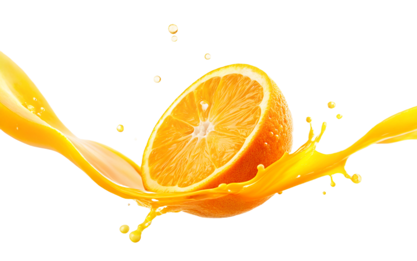 Orange Slice with Splashing Juice on Transparent Background