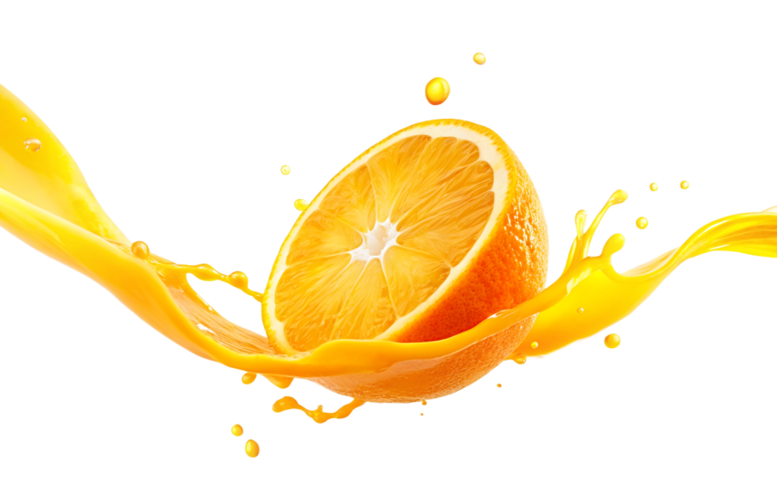 Orange Slice with Splashing Juice on Transparent Background
