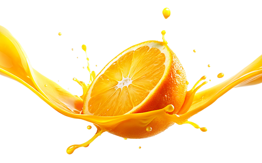 Orange Slice with Splashing Juice on Transparent Background