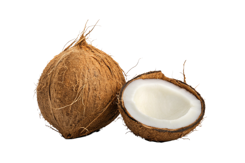 Whole Coconut and Halved Coconut on Transparent Background