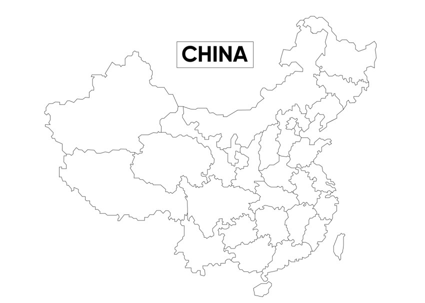 Black Outline Map of China on Transparent Background