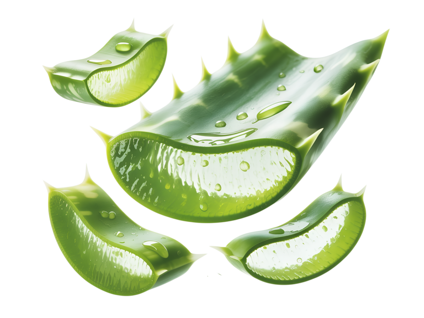 Fresh Aloe Vera Slices Floting on Transparent Background Png