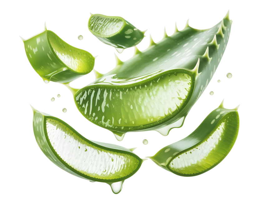Fresh Aloe Vera Slices Floting on Transparent Background Png