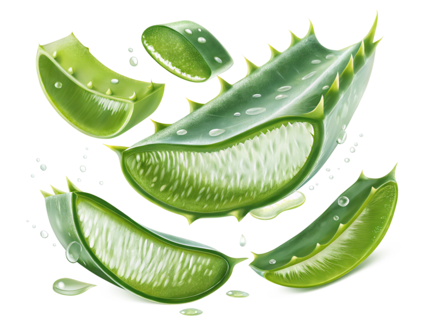 Fresh Aloe Vera Slices Floting on Transparent Background Png