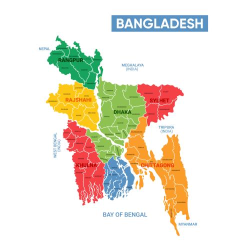 Colorful Map of Bangladesh Highlighting Regions and Borders