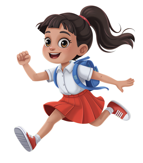 Excited Cartoon Girl in School Uniform Running with Joy