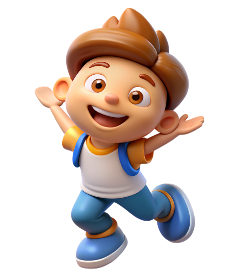 Excited Young Cartoon Boy Jumping Happily With Smile and Backpack