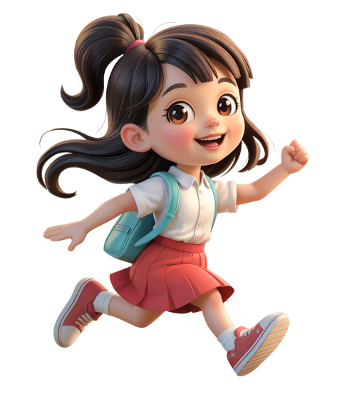 Excited Cartoon Girl in School Uniform Running with Joy