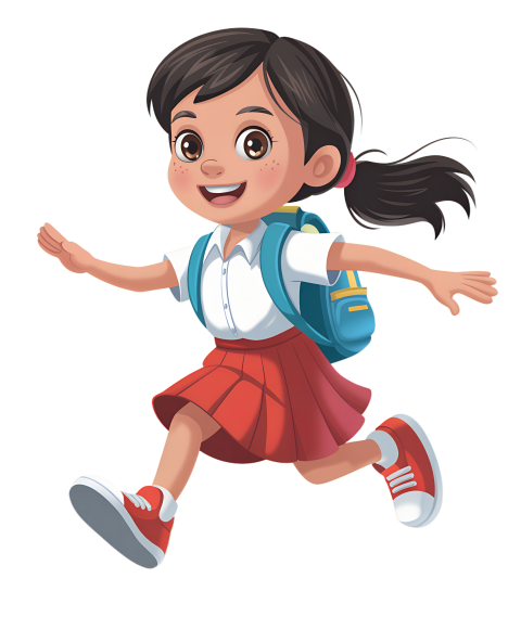 Excited Cartoon Girl in School Uniform Running with Joy