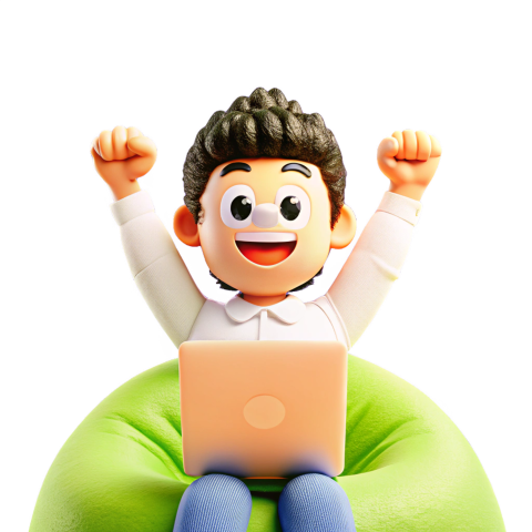 Excited 3d Cartoon Character with Laptop sitting on a Bean Bag
