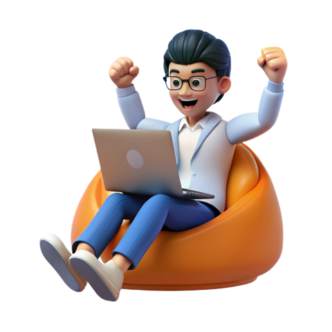 Excited 3D Cartoon Character with Laptop Png