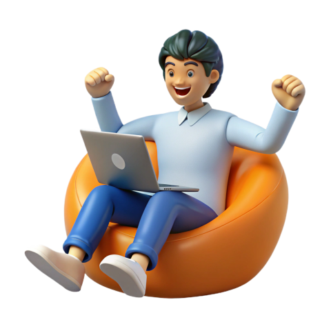 Excited 3D Cartoon Character with Laptop Png