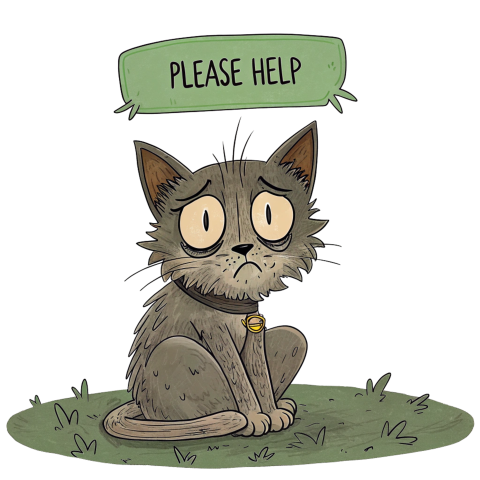 Sad Cartoon Cat Seeking Help with Expressive Eyes