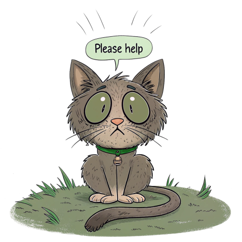 Sad Cartoon Cat Seeking Help with Expressive Eyes