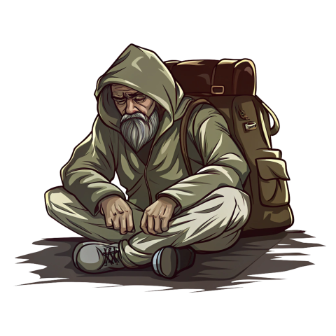 Cartoon illustration of a homeless man png