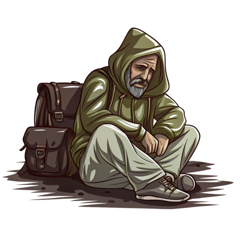 Cartoon illustration of a homeless man png