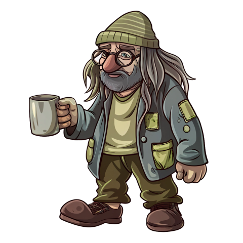 Cartoon illustration of a homeless man png