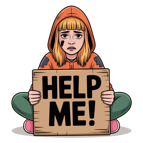Young Lady Cartoon Holding a Help Sign png