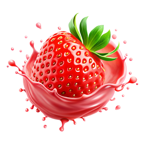 Strawberry in pink milkshake splash on Transparent Background