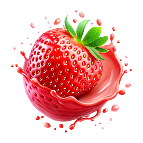 Strawberry in pink milkshake splash on Transparent Background