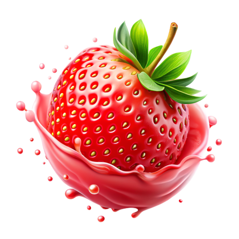 Strawberry in pink milkshake splash on Transparent Background