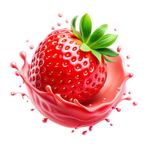 Strawberry in pink milkshake splash on Transparent Background