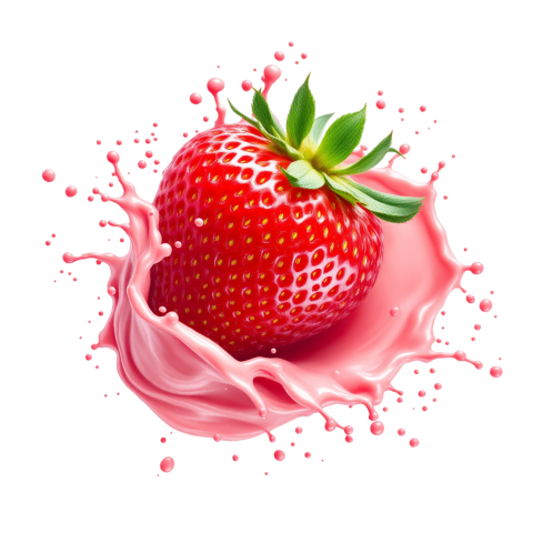 Strawberry in pink milkshake splash on Transparent Background