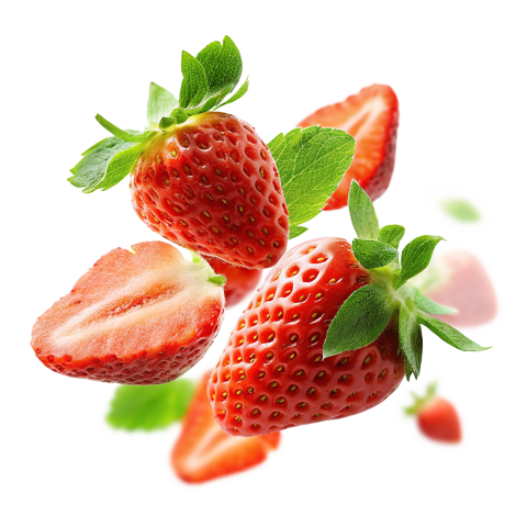 Fresh Strawberries Falling Against on Transparent Background